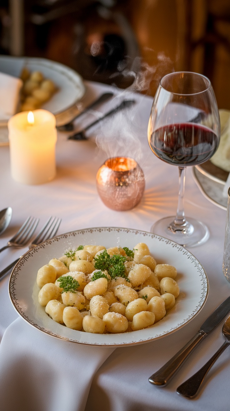 Creamy Garlic Parmesan Gnocchi for Date Night Plate of creamy garlic parmesan gnocchi garnished with parsley, next to a candle and a glass of wine.